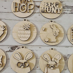 Wooden Easter-themed decorations on a rustic wooden background