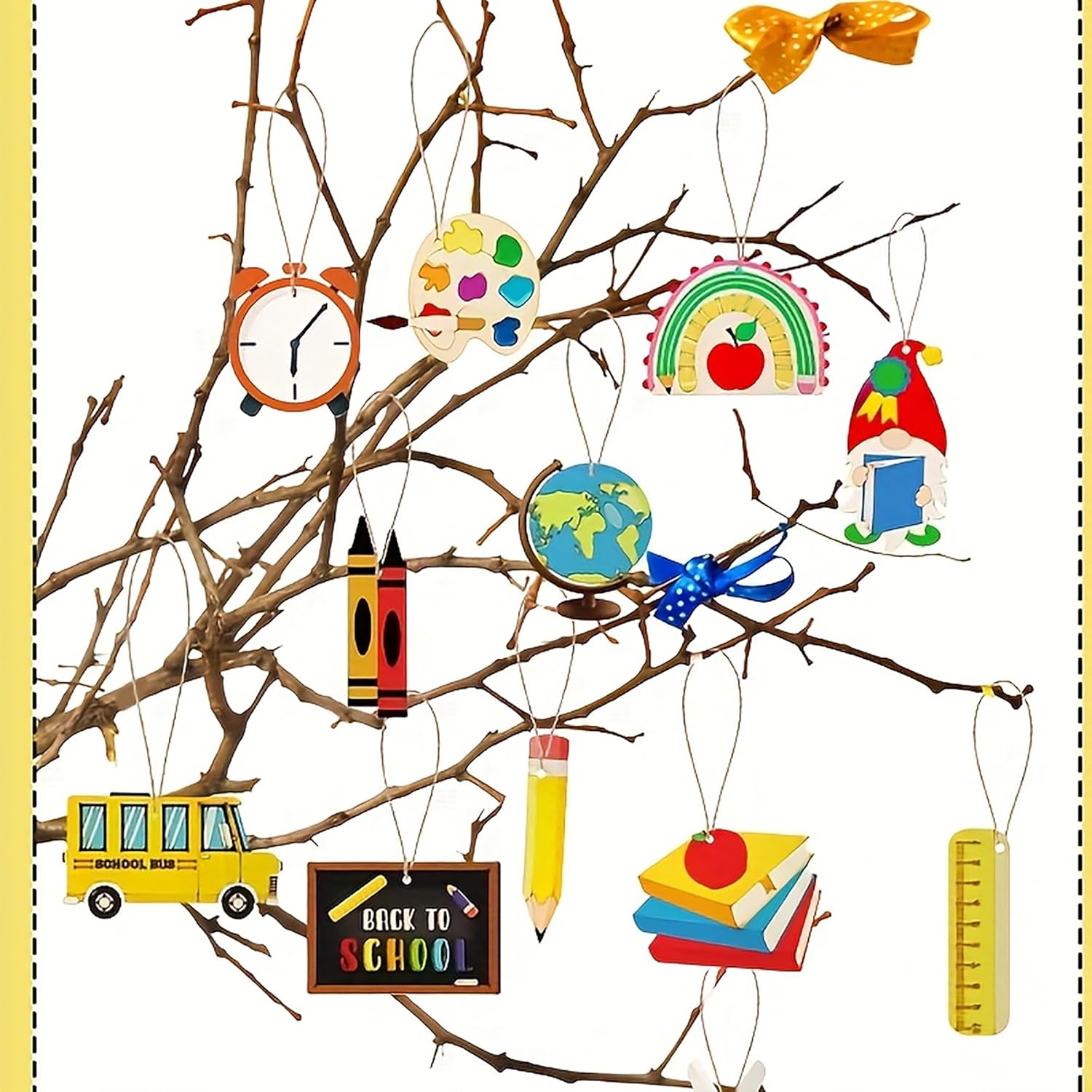 Decorative items on branches including a clock, rainbow, crayons, and school bus.