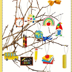 Decorative items on branches including a clock, rainbow, crayons, and school bus.
