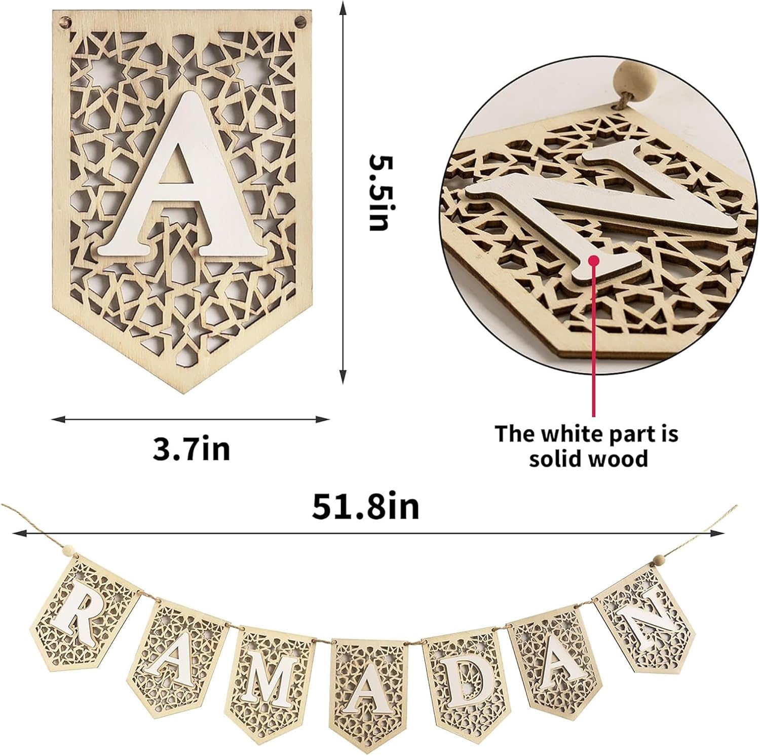 Decorative wooden banner with cut-out letters and 'RAMADAN' text, showing dimensions and material details.