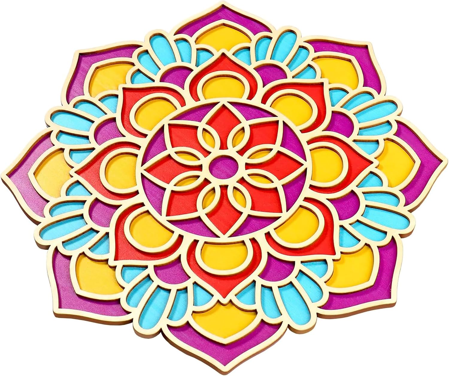 Colorful mandala design with pink, blue, yellow, and red colors on a white background