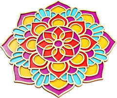 Colorful mandala design with pink, blue, yellow, and red colors on a white background