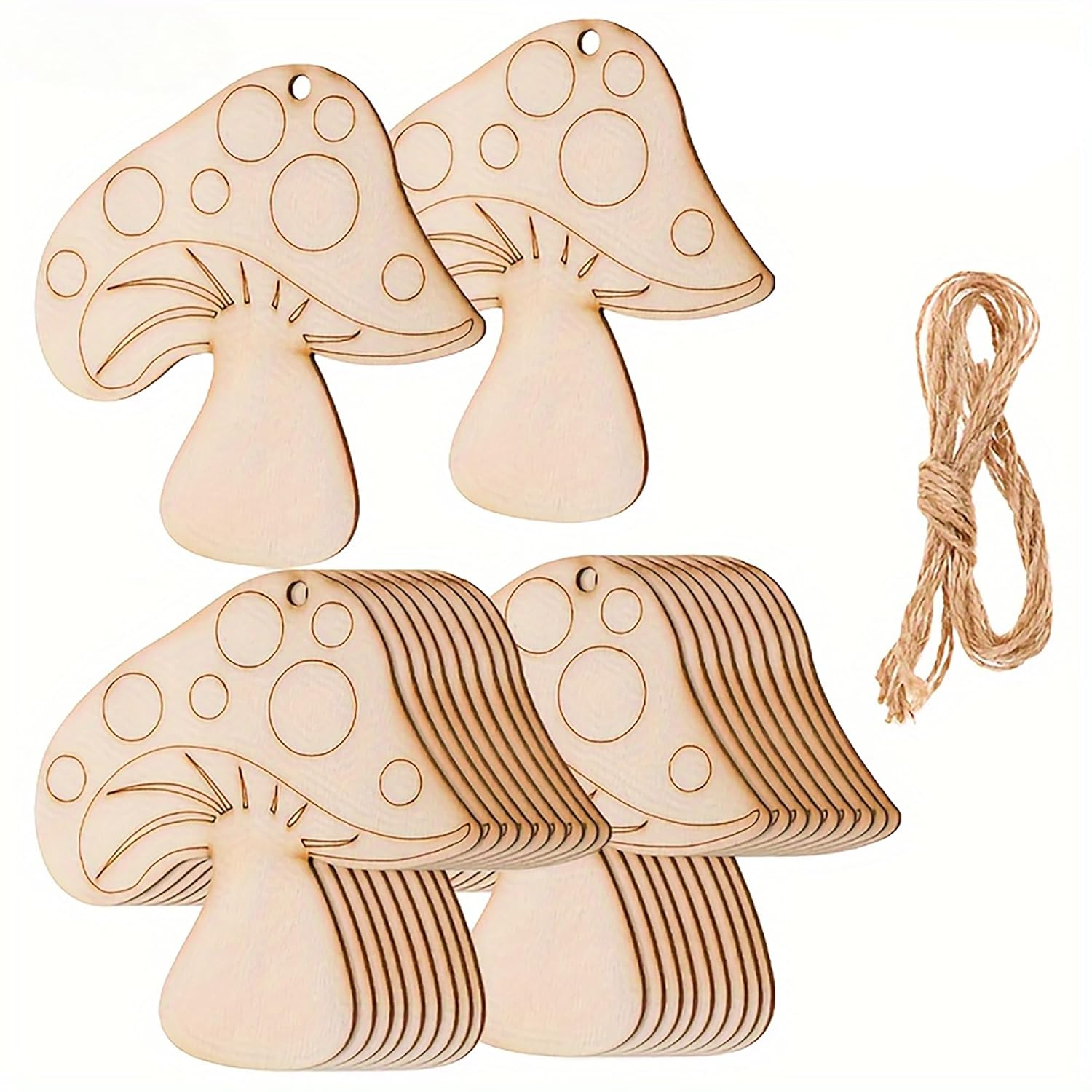 Wooden mushroom-shaped decorations with a string on a white background