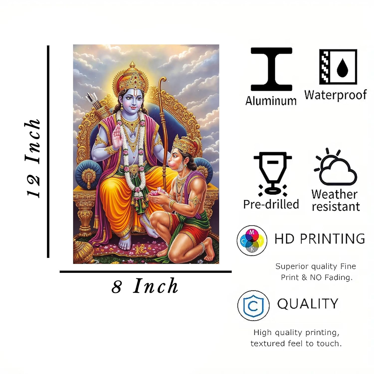 Decorative panel with two figures, dimensions, and features listed on a white background.