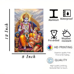 Decorative panel with two figures, dimensions, and features listed on a white background.