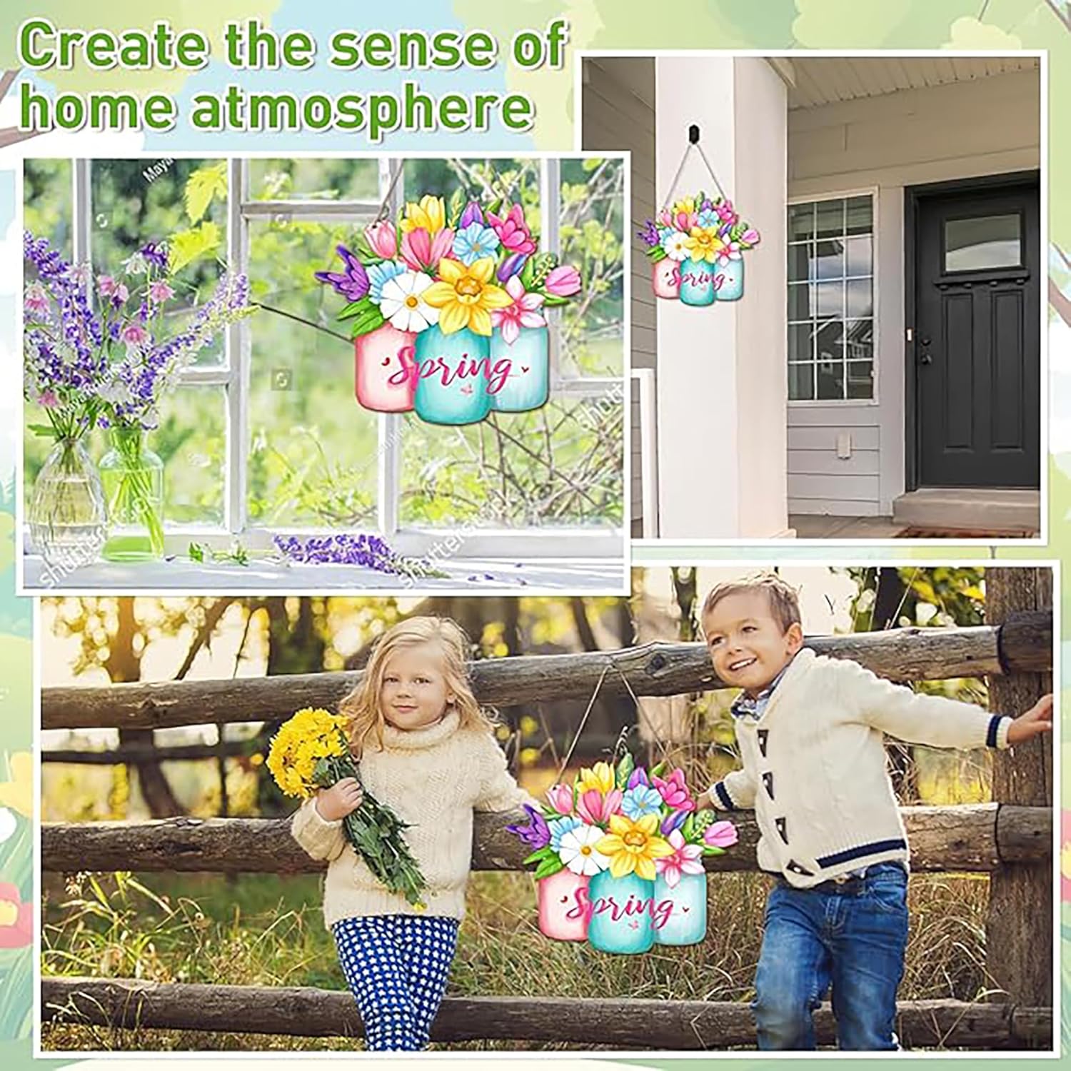 Decorative 'Spring' sign with flowers in jars in various settings including a window, front door, and outdoors with children.
