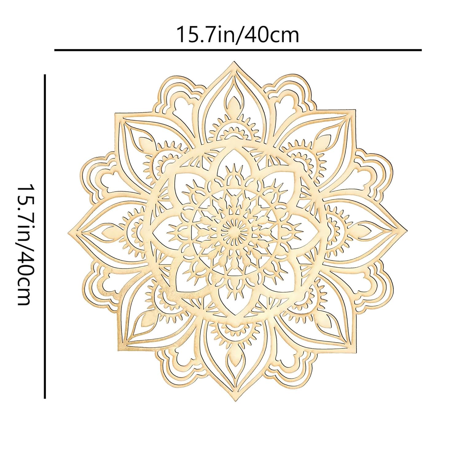 Decorative gold mandala with measurements on a white background