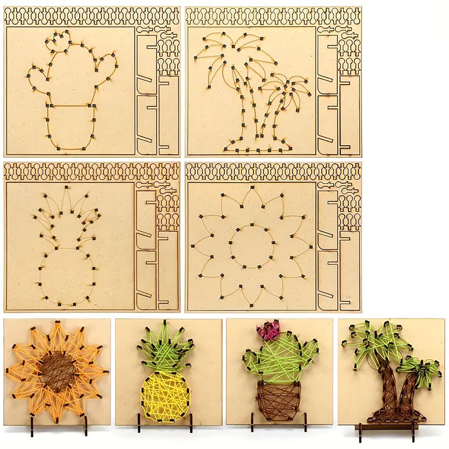 Set of wooden string art templates with completed projects on a white background