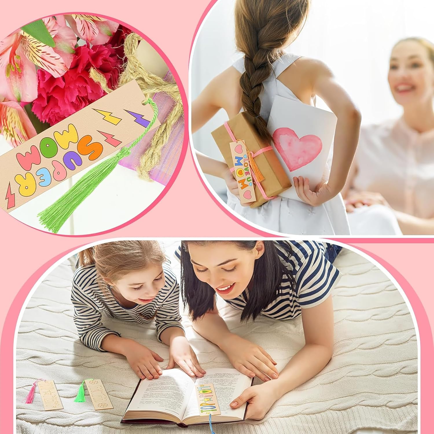 Collage of a girl holding a decorated book, a woman and child reading together, and colorful bookmarks.