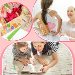 Collage of a girl holding a decorated book, a woman and child reading together, and colorful bookmarks.