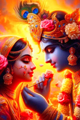 Two deities with elaborate costumes and jewelry holding a rose against a vibrant background