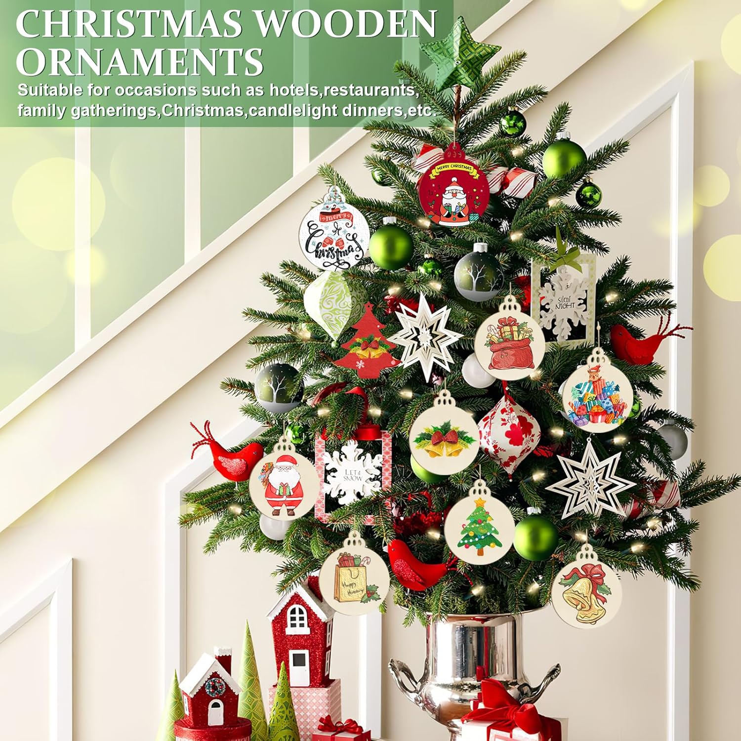 Decorative Christmas tree with wooden ornaments in a home setting