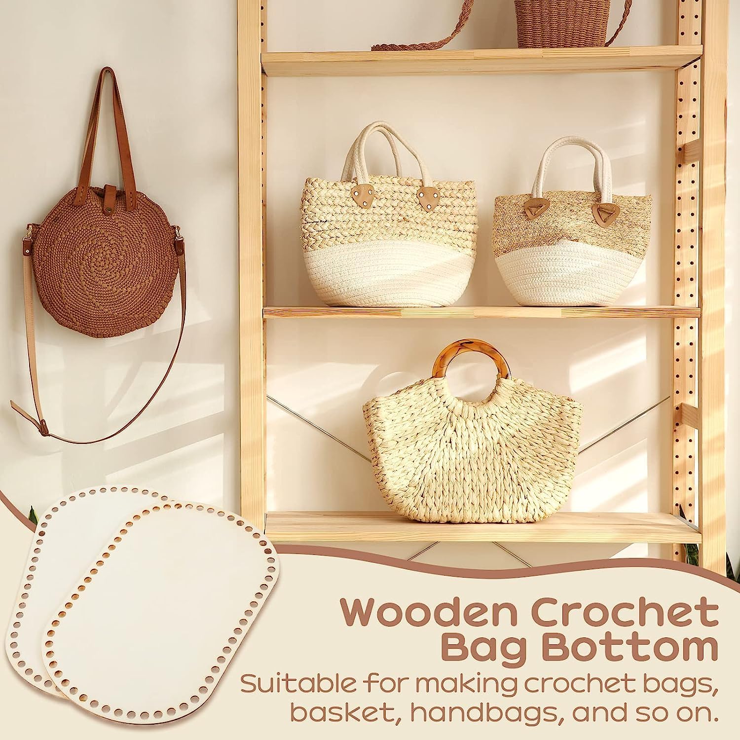 Woven bags displayed on a wooden shelf with text about wooden crochet bag bottom.