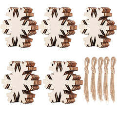 Set of wooden snowflake ornaments with string attachments on a white background