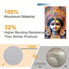 Advertisement showcasing aluminum material with text and images of a colorful deity figure.