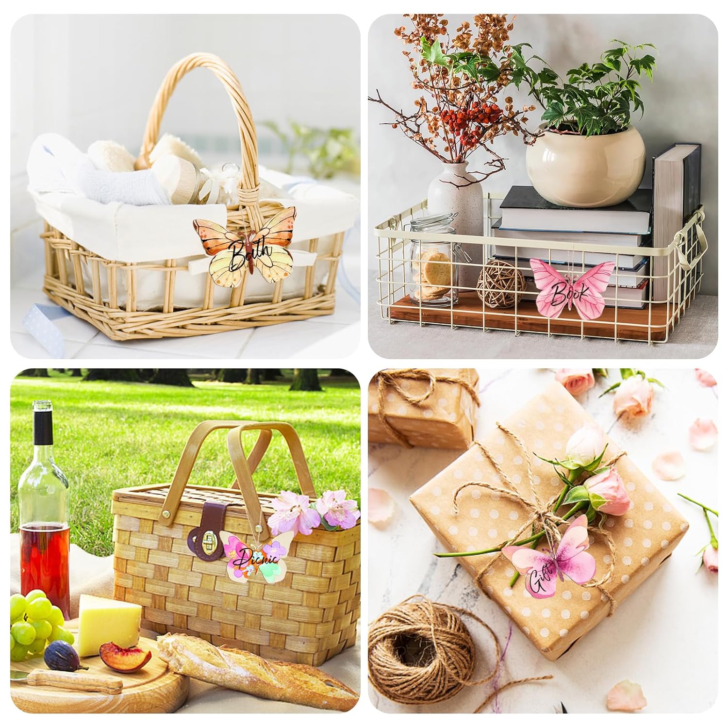 Collage of picnic basket, plant, gift wrap, and outdoor setting with wine and food.