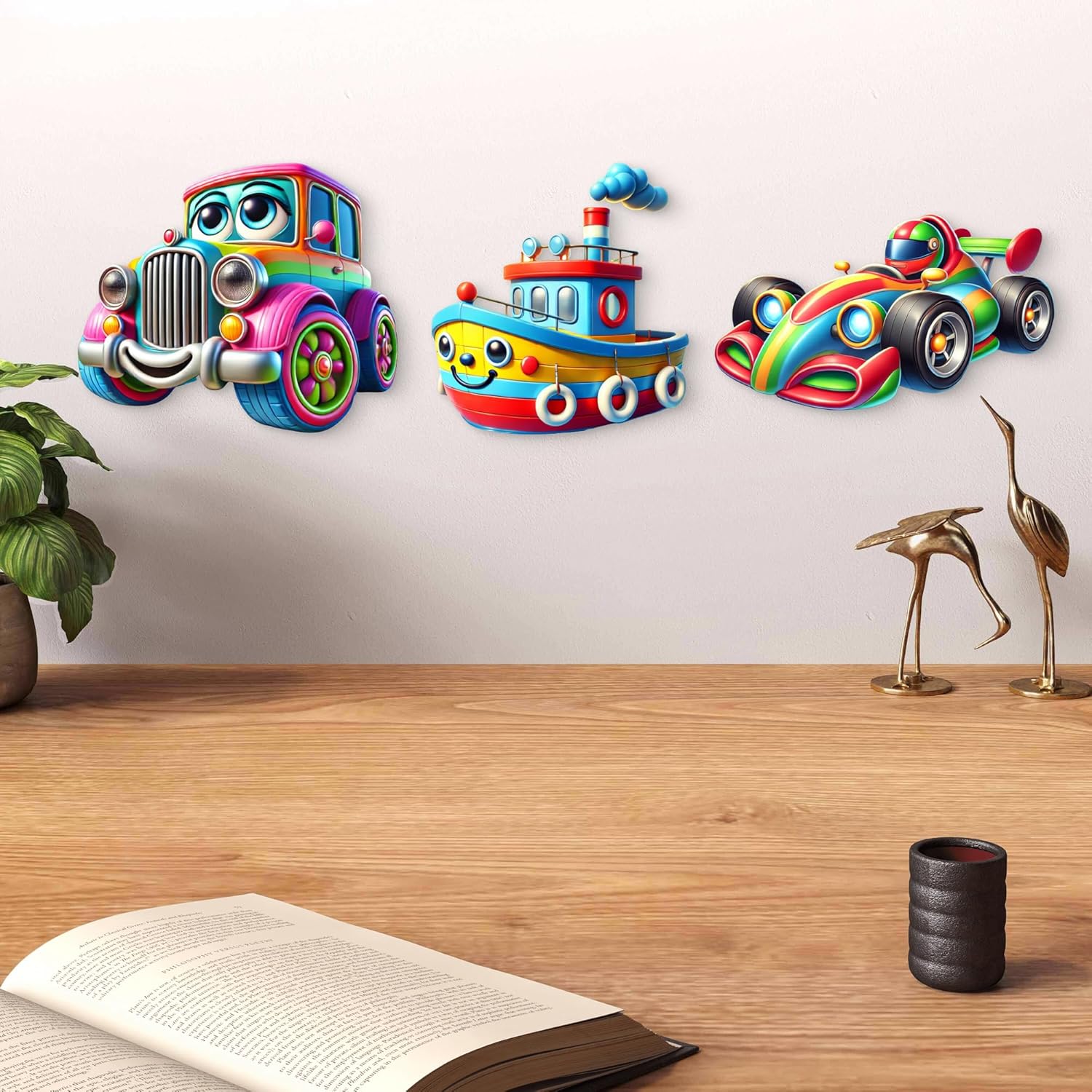 Colorful toy car, boat, and race car wall decorations on a white wall with a wooden floor.
