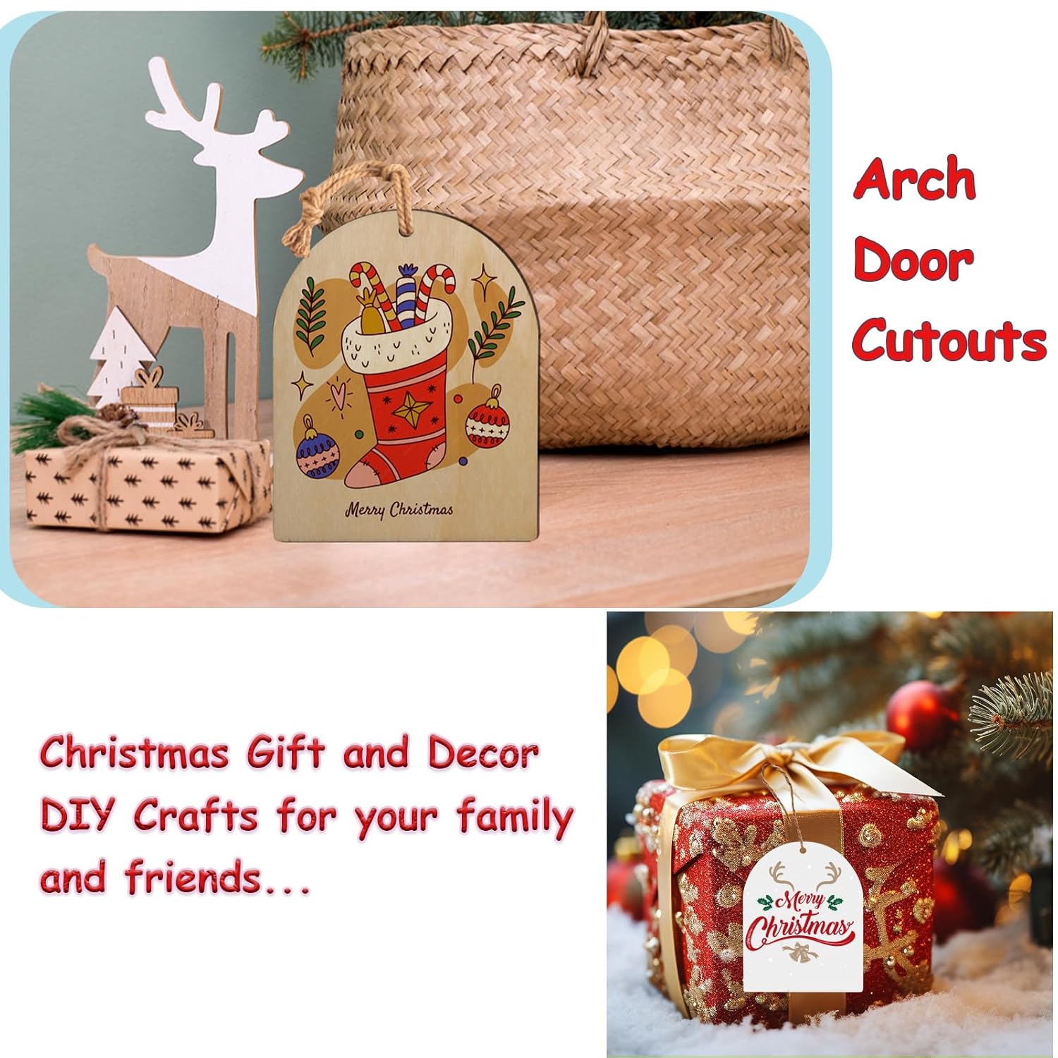 Christmas-themed decor items including a wooden reindeer, arch door cutout with candy canes, and a wrapped gift with a tag.
