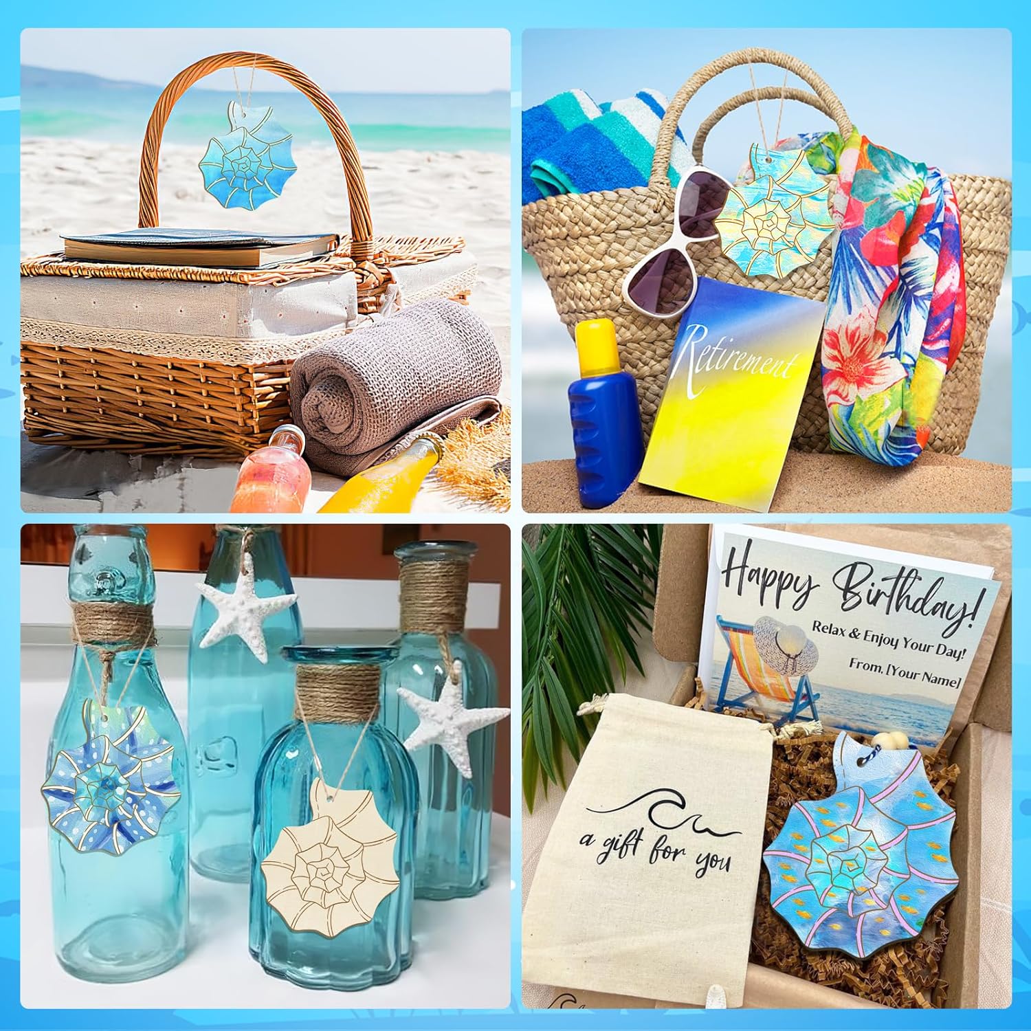 Collage of beach-themed items including a picnic basket, bottles with starfish decorations, and a gift bag.