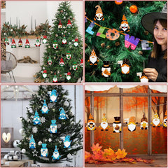 Collage of Christmas trees decorated with gnome ornaments in various settings.