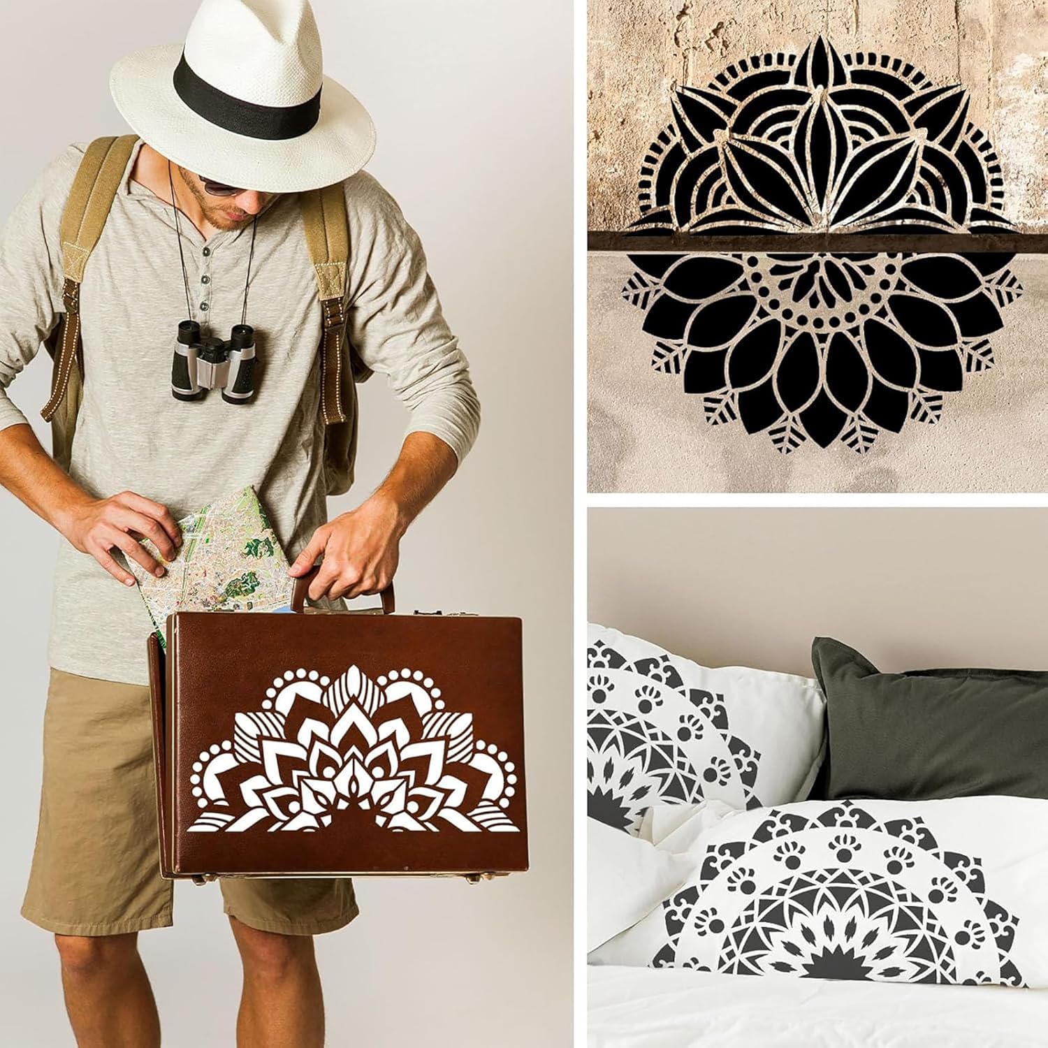 Person holding a suitcase with a mandala design, mandala wall art, and mandala on a pillow.