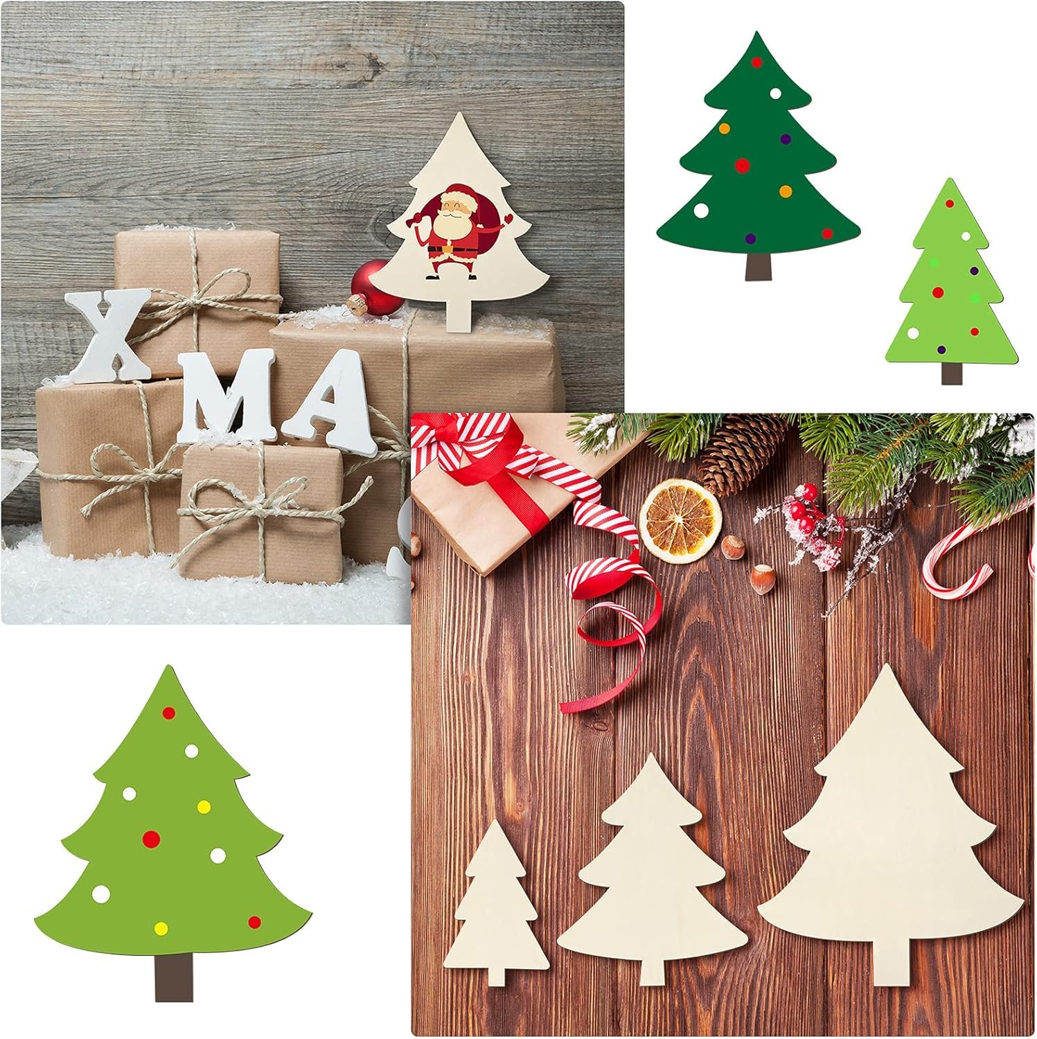 Collage of Christmas-themed items including wrapped gifts, wooden trees, and decorative elements on a wooden surface.