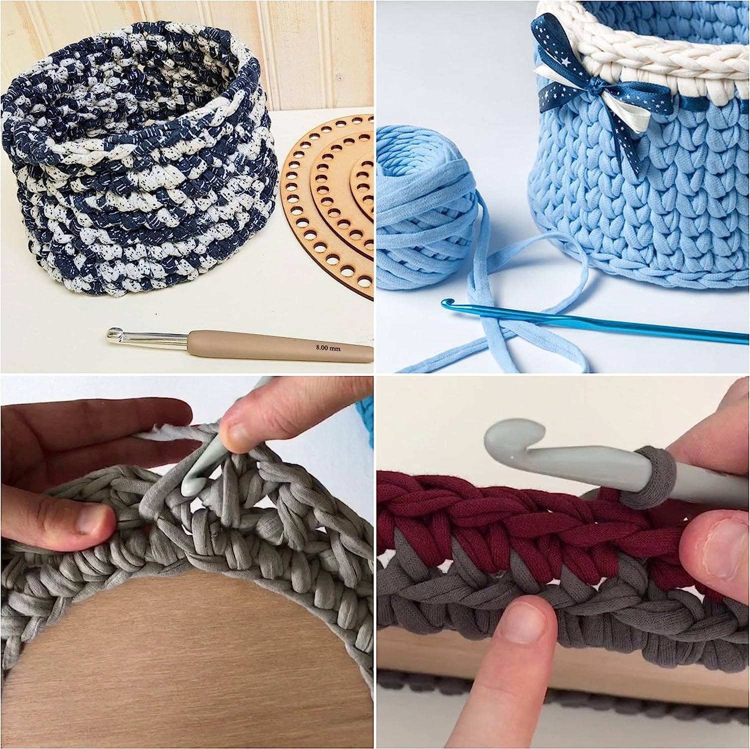 Collage of crochet baskets, yarn, and hooks with close-up shots of hands working on crochet projects.