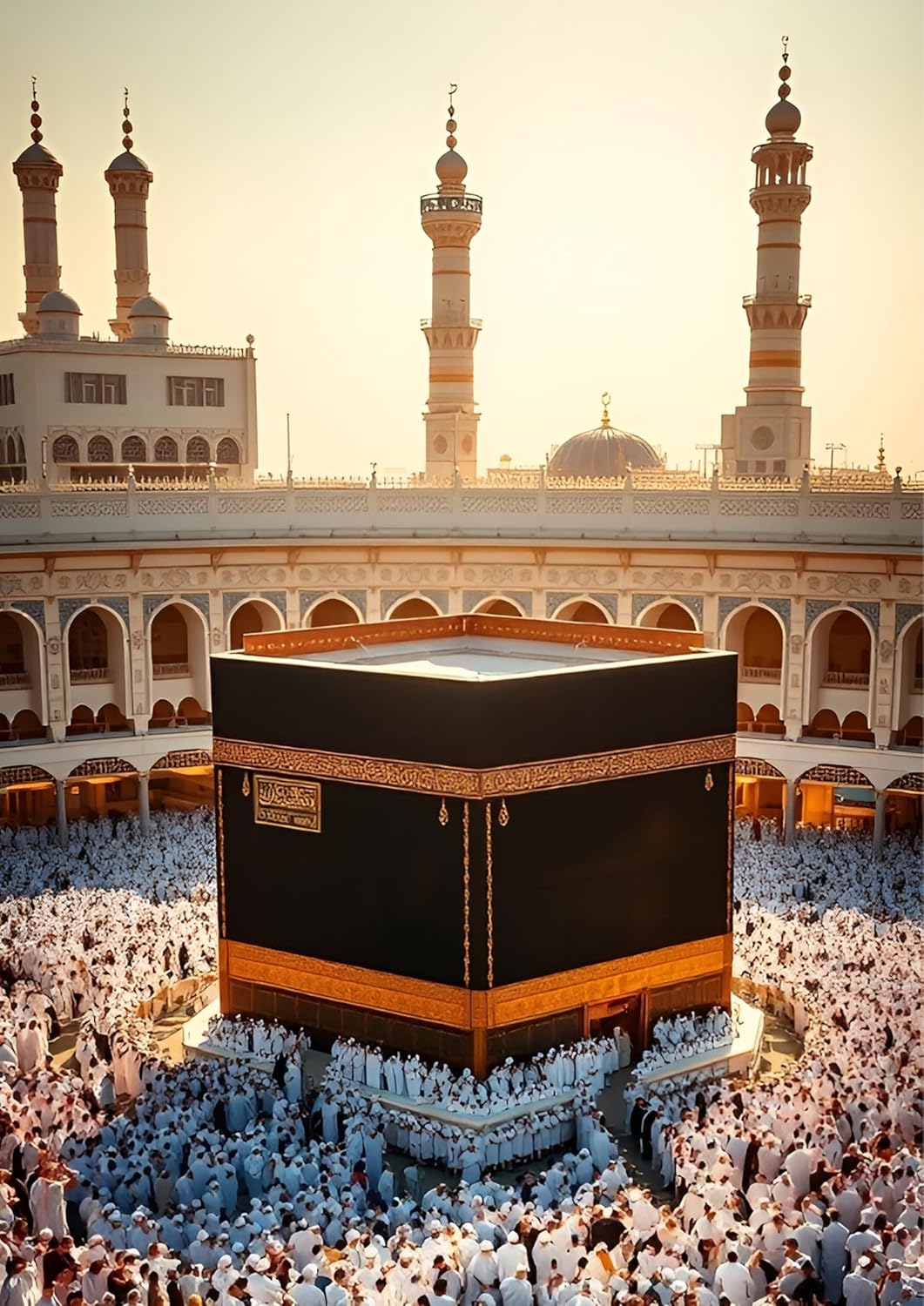 Kaaba surrounded by worshippers in a mosque with minarets.
