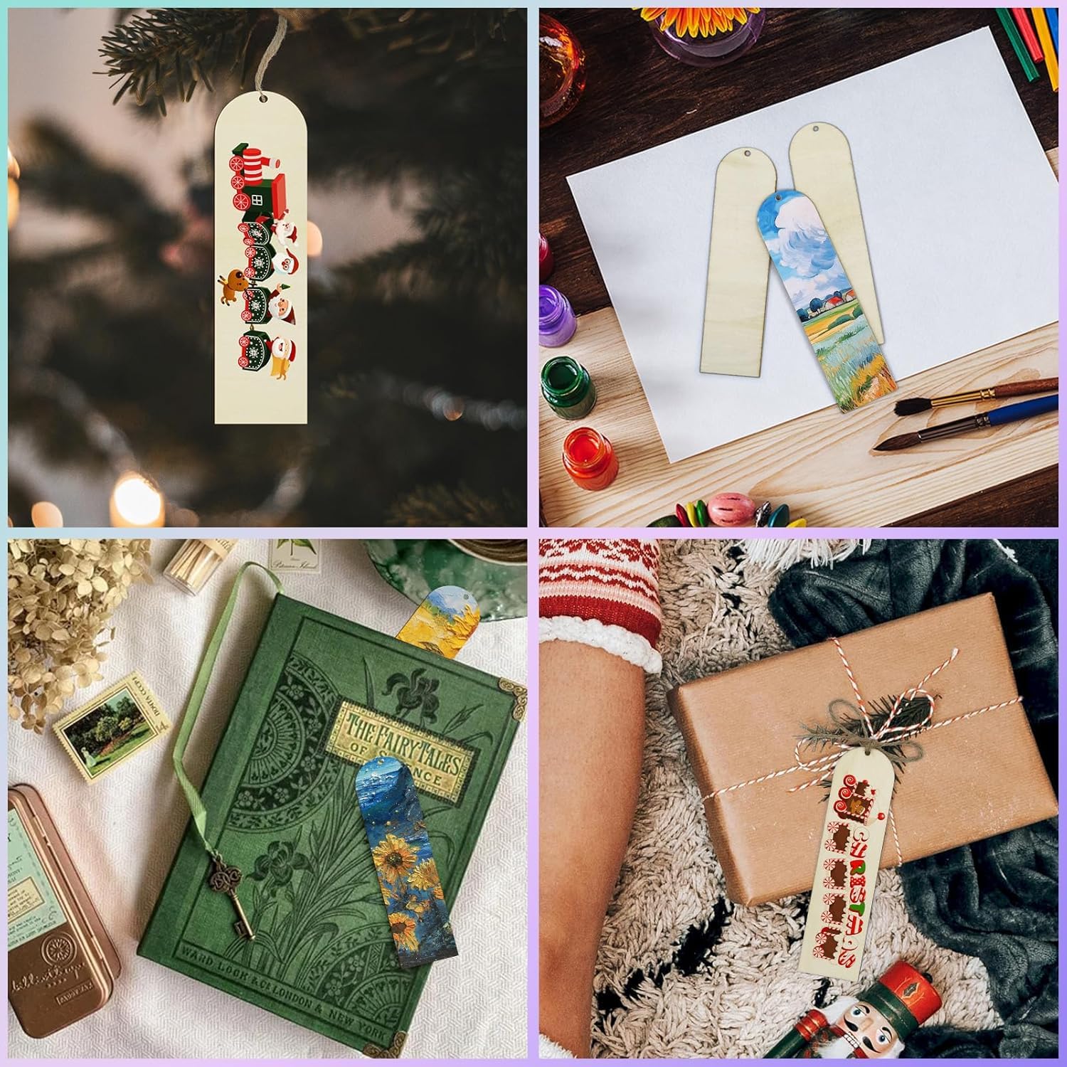 Collage of decorative bookmarks, a book, and a gift with a decorated bookmark.