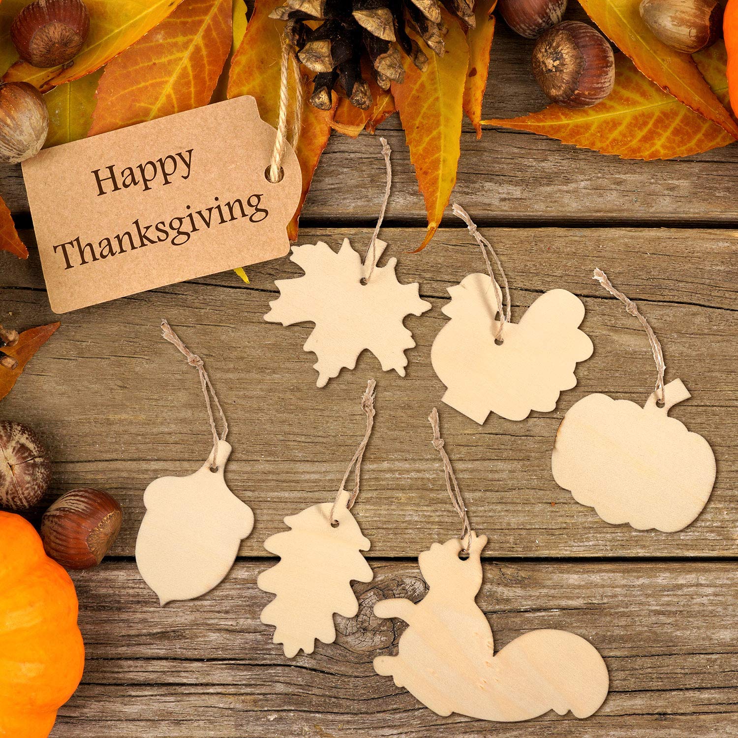 Decorative tags shaped like leaves, pumpkins, and a squirrel on a wooden surface with a 'Happy Thanksgiving' tag.