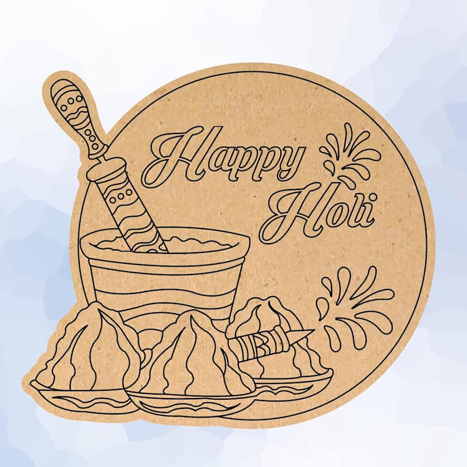 Decorative card with 'Happy Holi' text and illustrations of a mortar and pestle, flowers, and a bowl on a light blue background.