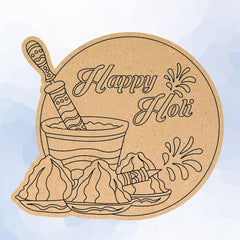 Decorative card with 'Happy Holi' text and illustrations of a mortar and pestle, flowers, and a bowl on a light blue background.