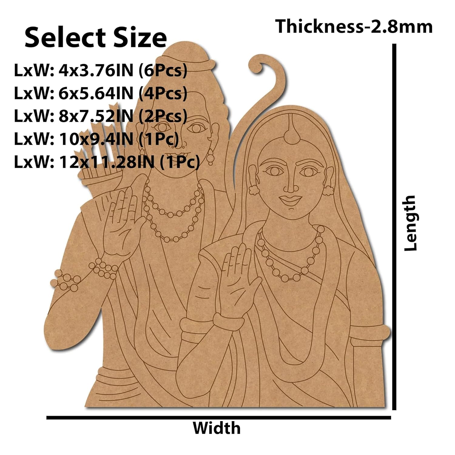 Wooden cutout of two figures with dimensions and thickness details on a white background