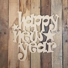 Wooden 'Happy New Year' decoration on a rustic wooden background