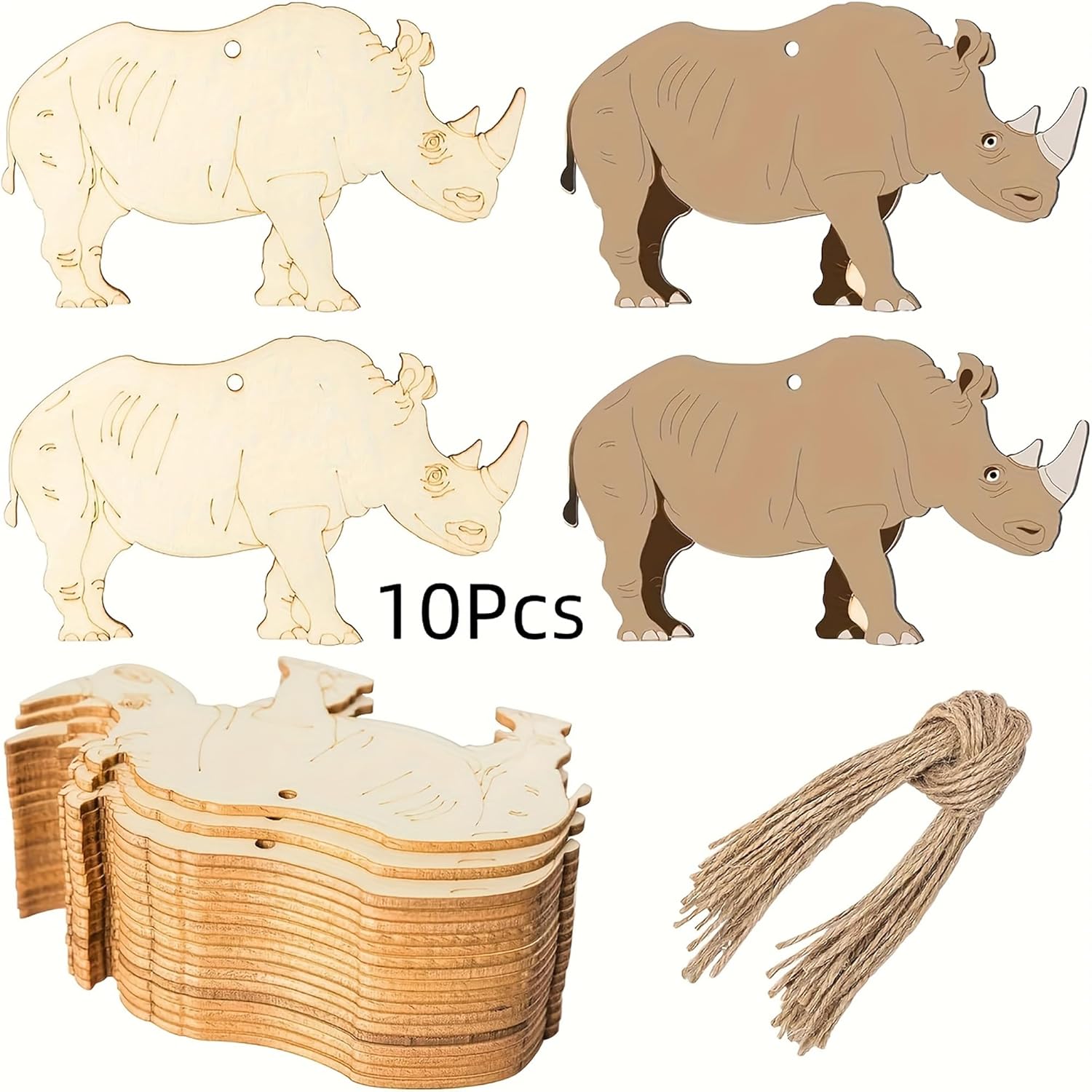 Set of wooden rhino shapes with packaging and twine on a white background