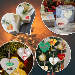 Heart-shaped Christmas ornaments with decorative text on a tree and gift boxes.