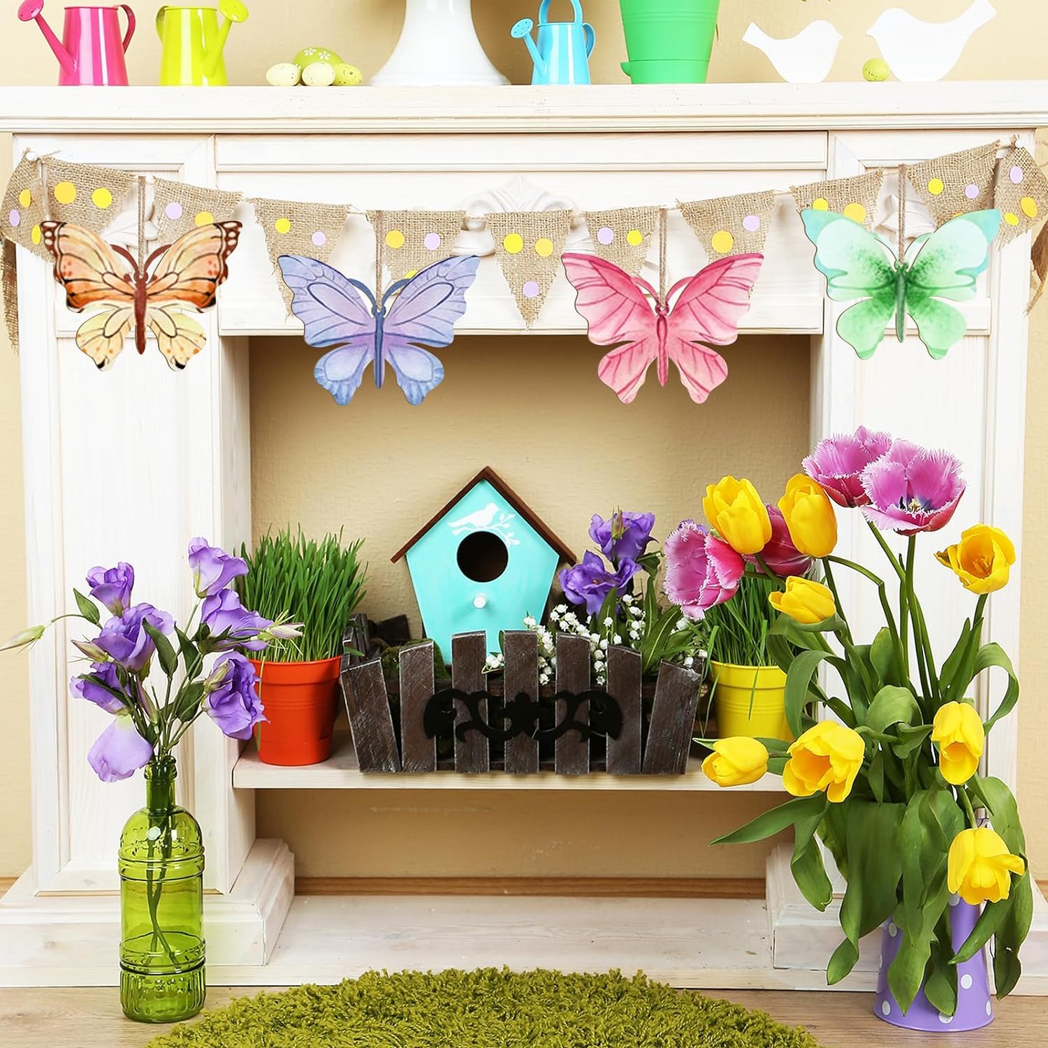 Decorative shelf with flowers, a birdhouse, and butterfly decorations.
