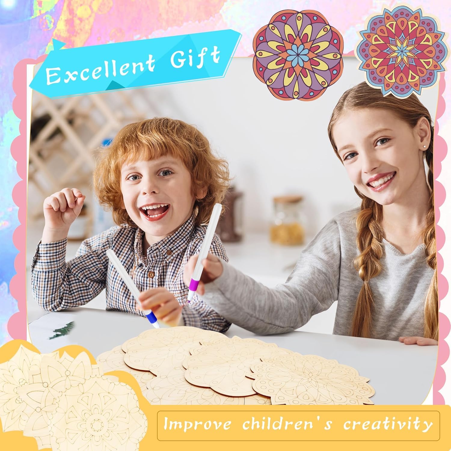 Two children with craft materials and mandala designs, labeled 'Excellent Gift' and 'Improve children's creativity'.