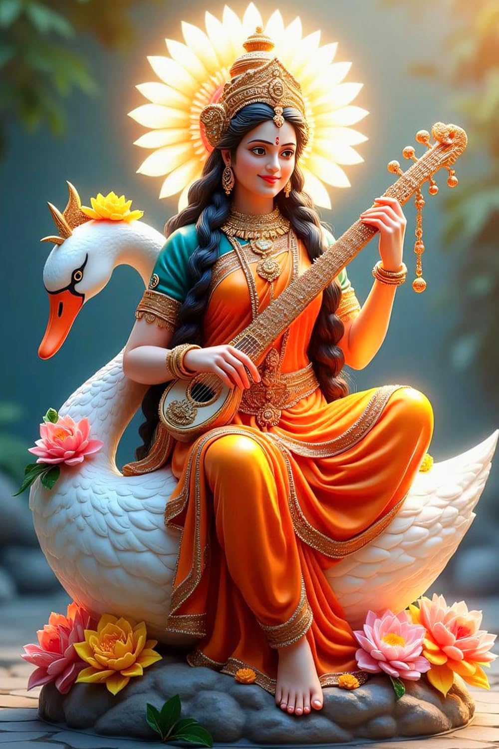 Decorative statue of a woman playing a stringed instrument on a swan with flowers and foliage in the background.