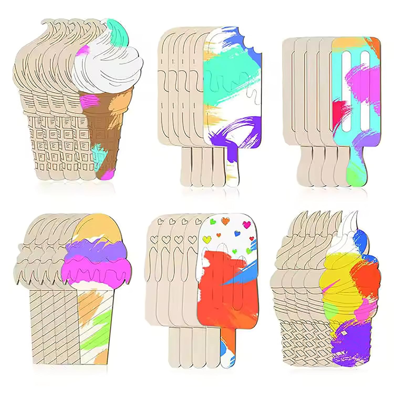 Set of ice cream-themed wooden picks with colorful designs on a white background