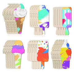 Set of ice cream-themed wooden picks with colorful designs on a white background