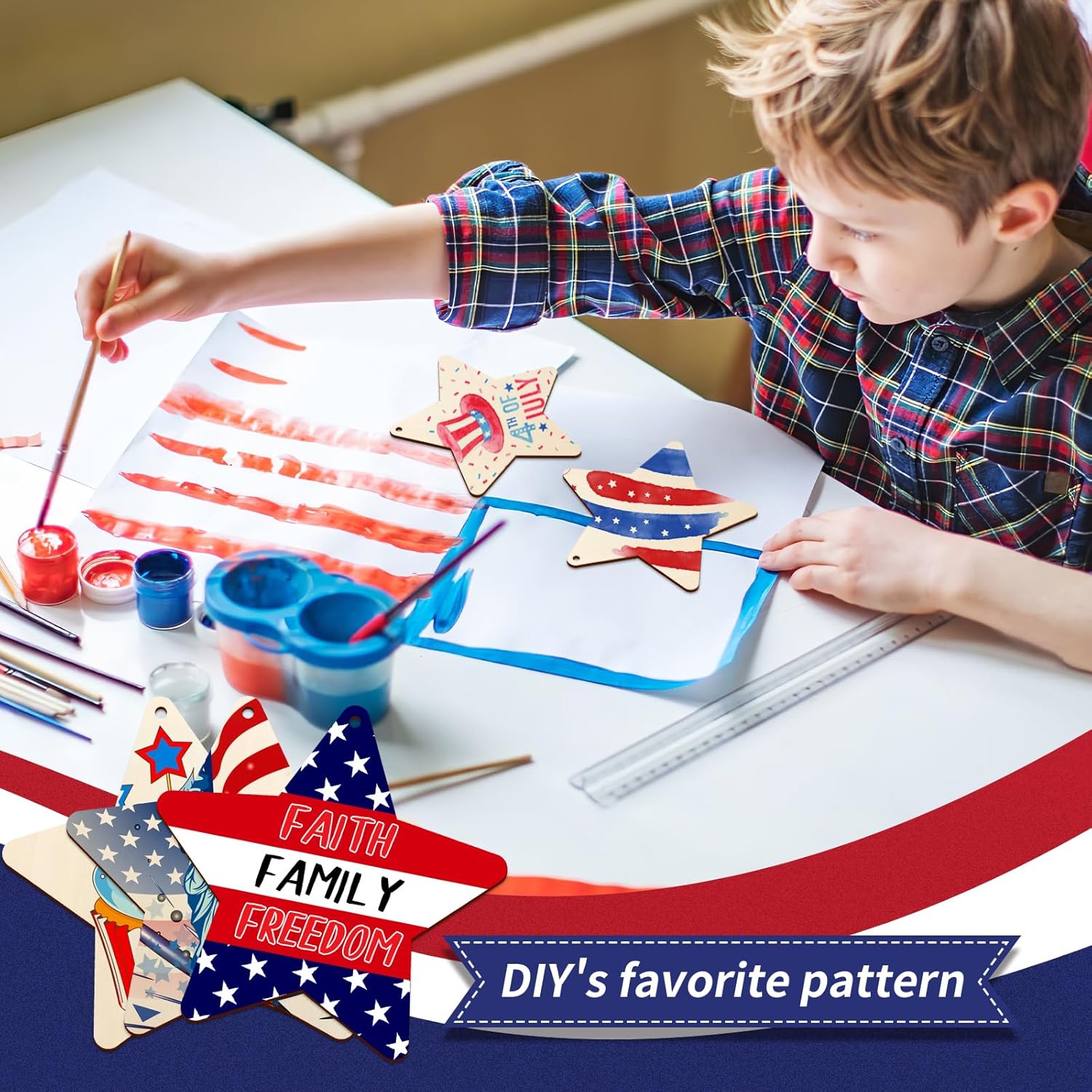 Child painting patriotic stars with text overlay 'Faith Family Freedom' and 'DIY's favorite pattern'.