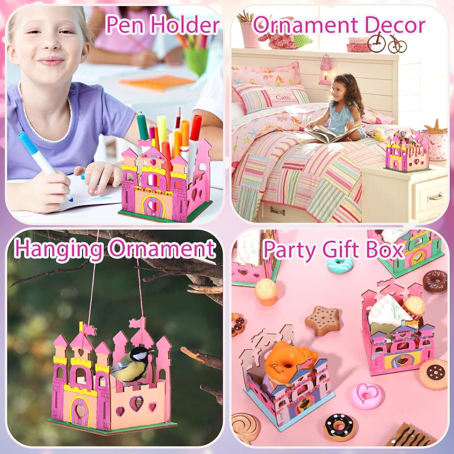 Collage of pink castle-themed products including a pen holder, ornament decor, hanging ornament, and party gift box.