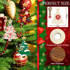 Wooden Christmas tree ornaments on a green background with packaging details.