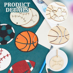 Wooden sports-themed coasters on a colorful background with 'Product Details' text.