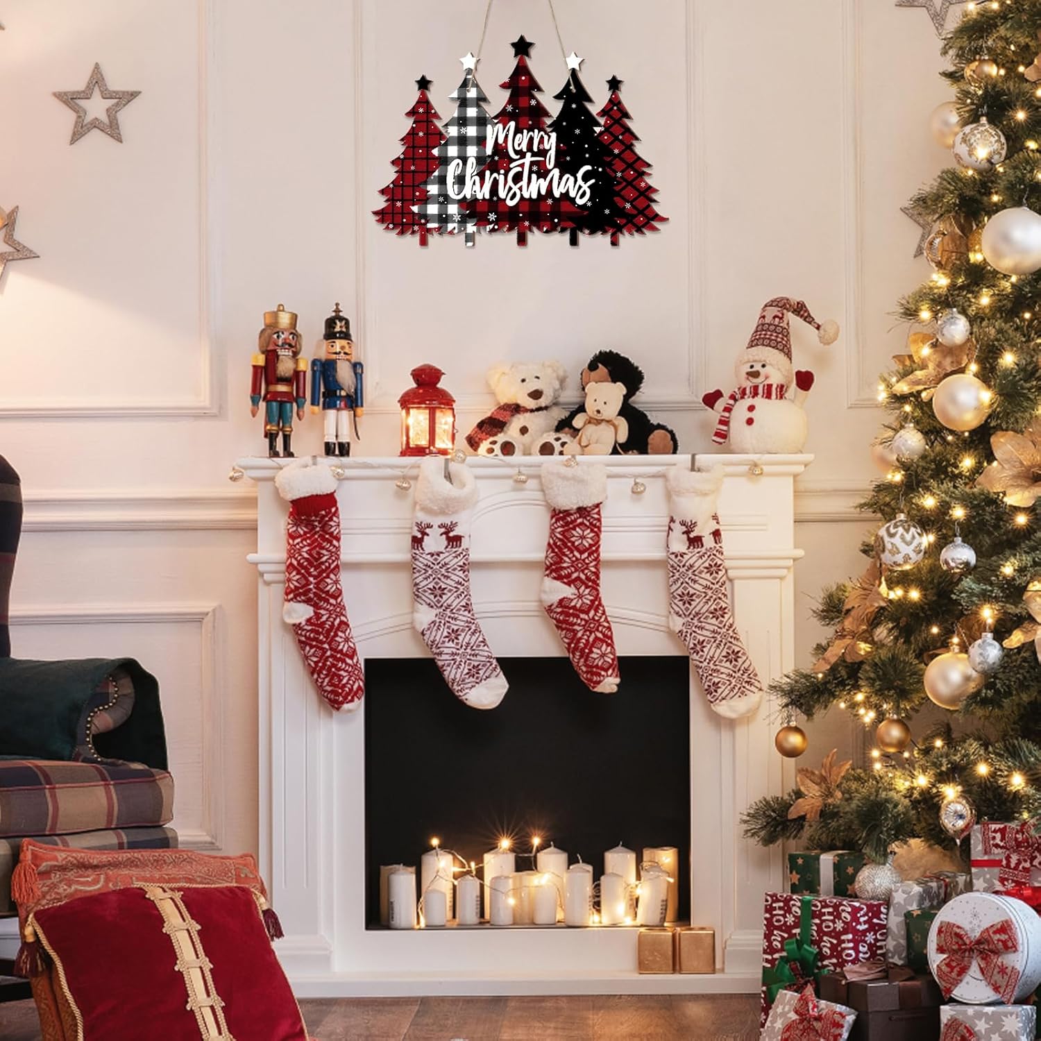 Decorated Christmas living room with stockings, tree, and fireplace.