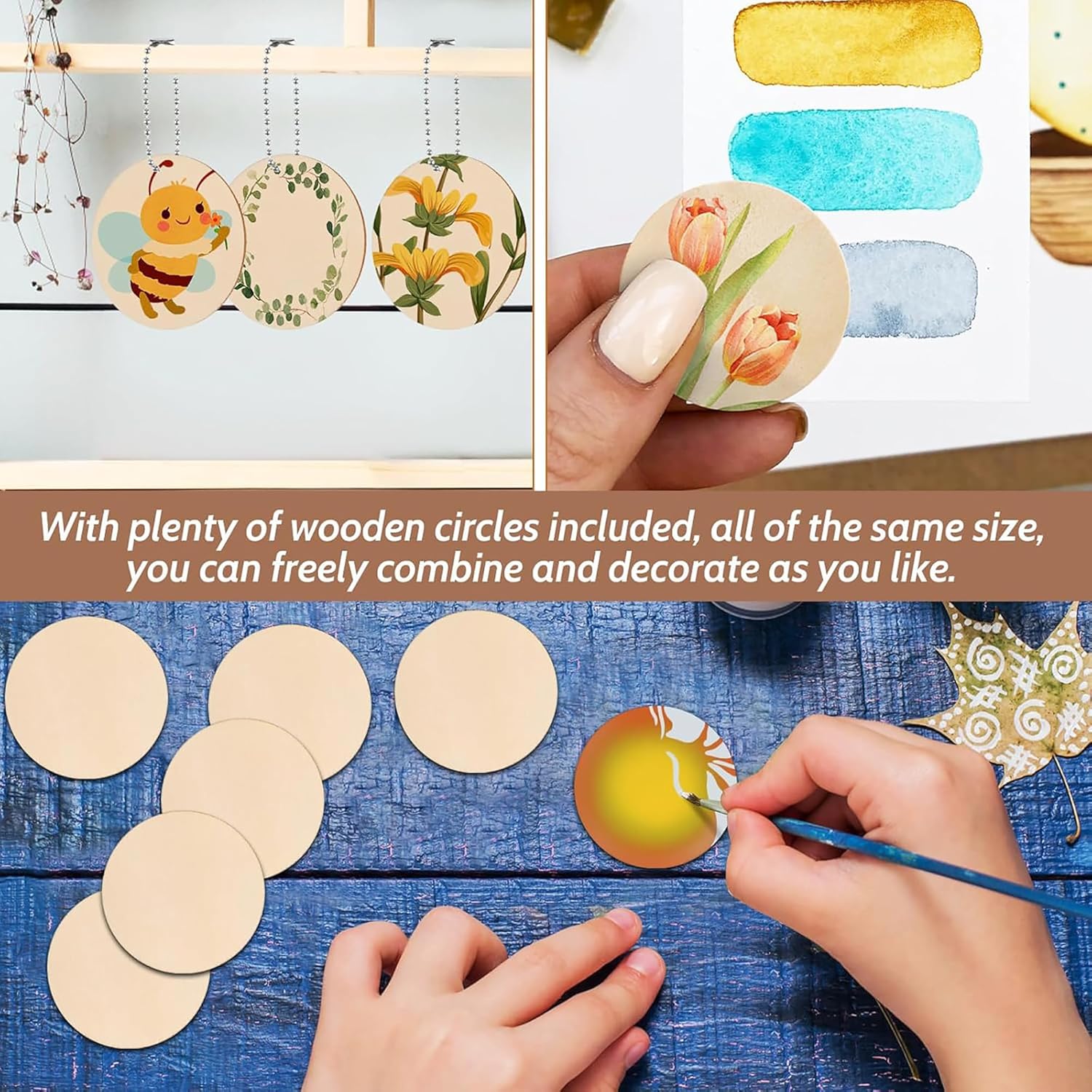 Wooden circles with decorative elements, painting activity, and text overlay on a blue surface.