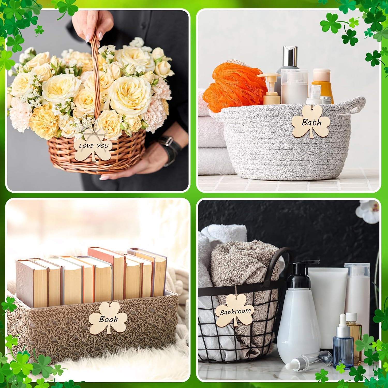Collage of various baskets with floral, bath, book, and bathroom items, featuring decorative elements.