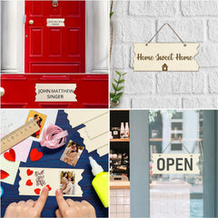 Collage of various signs and door handles with text and decorative elements.