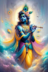 Colorful depiction of a divine figure playing a flute on a cloud with peacock feathers.